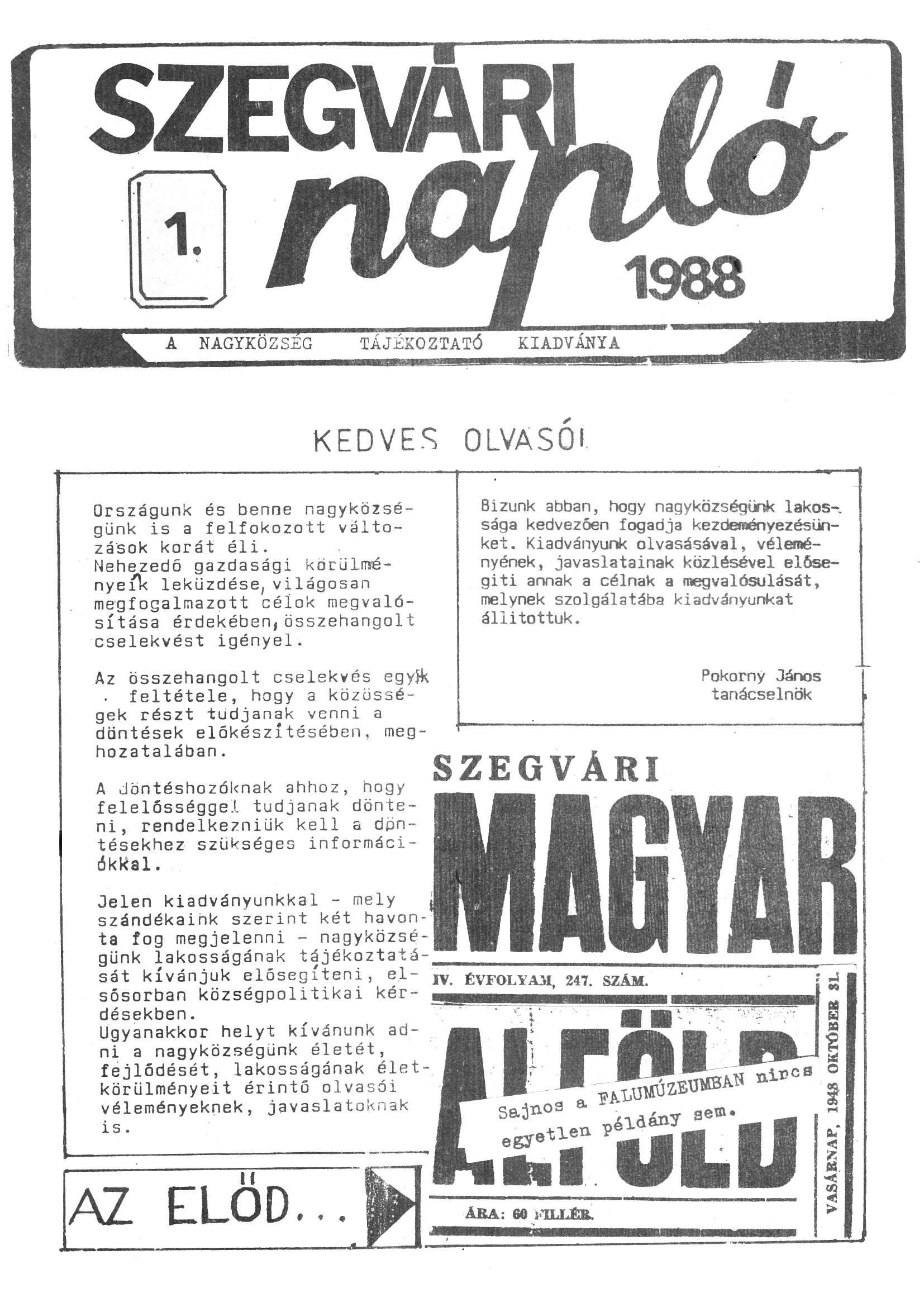 Szegvári Napló 001. lapszám – 1988. – 01. oldal – Digitalizá